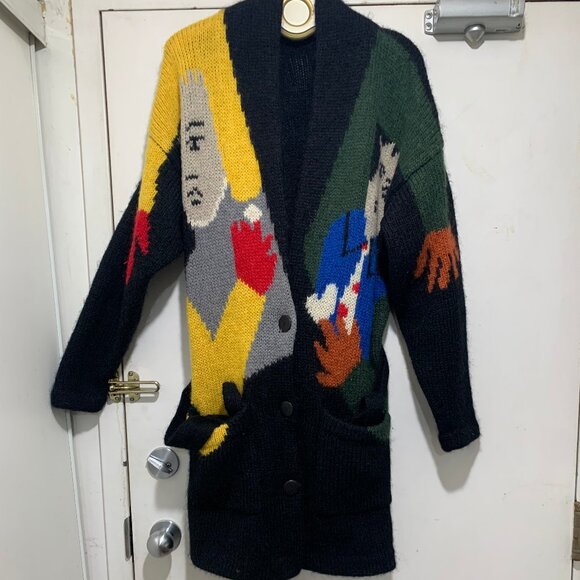 VINTAGE GRAPHIC KNIT BELTED WOOL SWEATER CARDIGANS SIZE XL - Picture 3 of 16